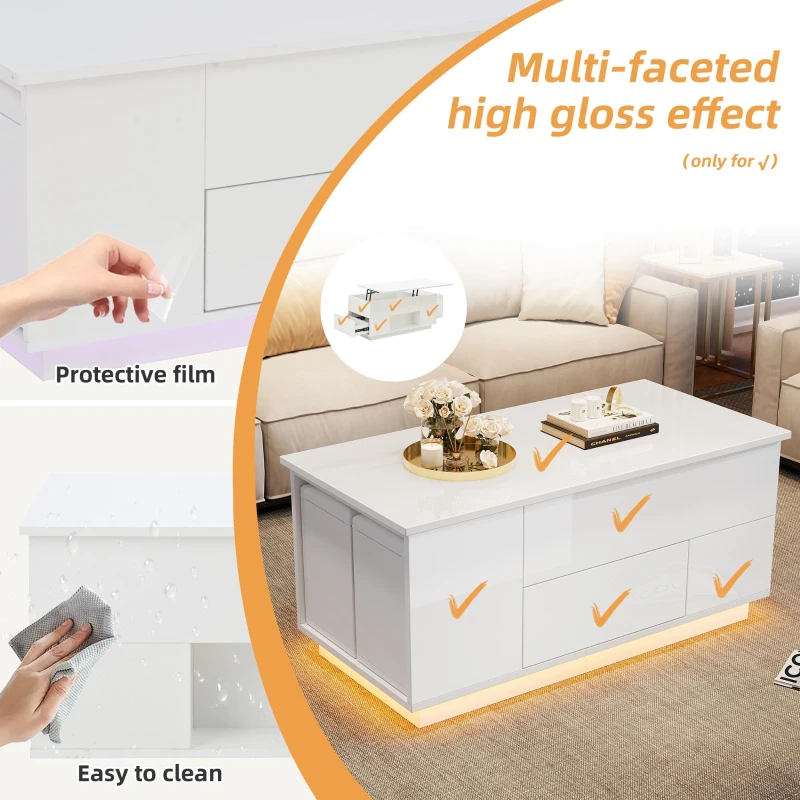 Lift-Top Coffee Table with App-Controlled LED and Soft-Close Drawers, Sleek White Center Table with 2 Storage Ottomans, 100L x 50W x 45H cm, White