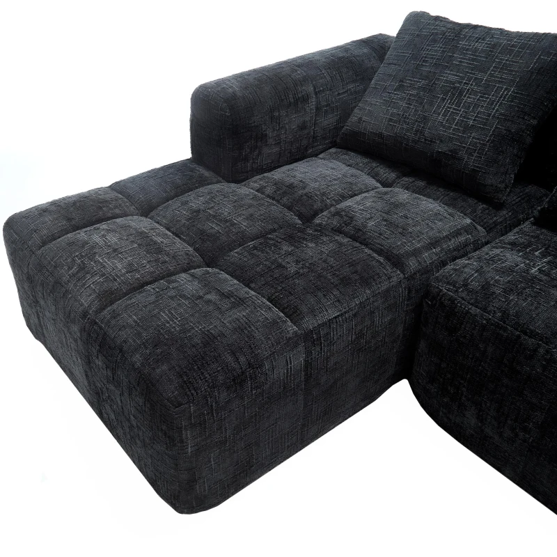 Oversized Modular L-Shaped Sofa with Deep-Seated Sleeper Design, Plush Sectional Sofa with Hidden Side Pockets, 250L x 158W x 60H cm, Black