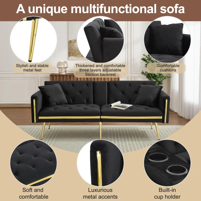 Two-Seater Convertible Sofa Bed with 3-Level Adjustable Backrest, Space-Saving Sleeper Sofa with High-Density Foam, 174L x 76W x 71.5H cm, Black
