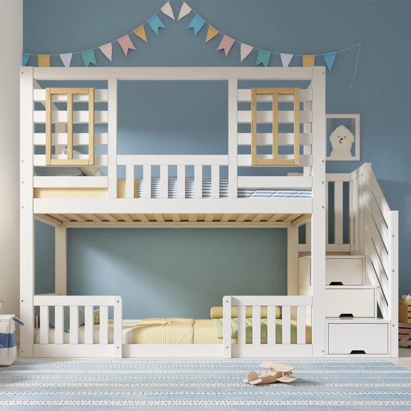Cabin-Style Bunk Bed with Staircase Storage and Guardrail, White Window-Detailed Cabin Bed with Slatted Bases, 244L x 95W x 170H cm, White