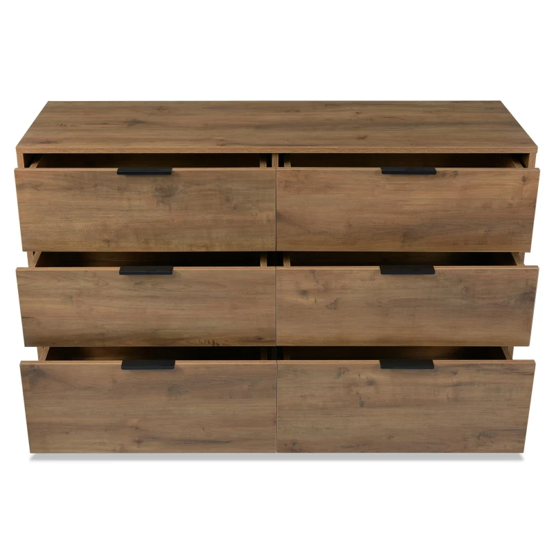 Dark Oak Sideboard with 6 Drawers and Industrial Metal Frame, Industrial Rustic Cabinet with Adjustable Feet, 120L x 40W x 76H cm, Dark Oak