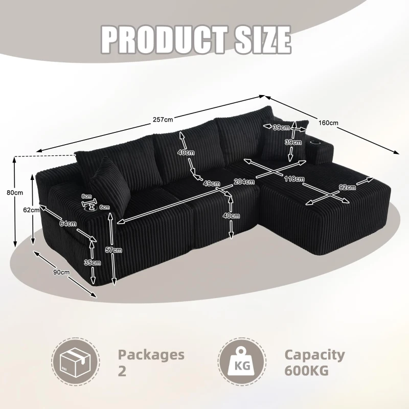 Modular L-Shaped Sectional Sofa with Deep Seat, Plush Corduroy Boneless Couch for Living Room, 257L x 160W x 80H cm, Black