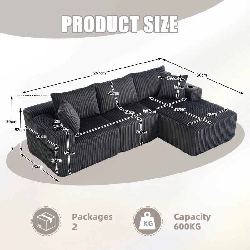Modular L-Shaped Sectional Sofa with Deep Seat, Plush Corduroy Boneless Couch for Living Room, 257L x 160W x 80H cm, Gray