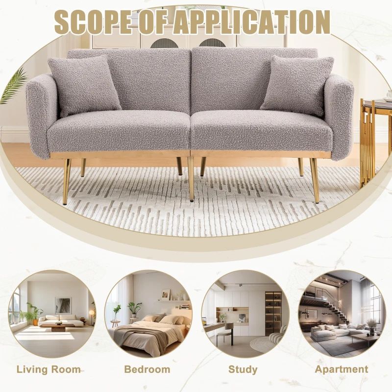 Modern 2-Seater Sofa with 3-Position Adjustable Backrest, Convertible Loveseat with Thick Padded Cushions, 165L x 72.5W x 75H cm, Grey Teddy