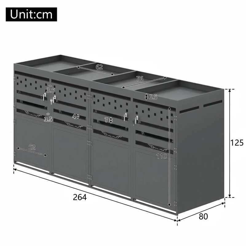 Anthracite Bin Storage Unit with Planter Roof and Rear Drainage, Sleek Dark-Grey Trash Can Shed with Ventilation Slots, 264L x 80W x 125H cm, Grey