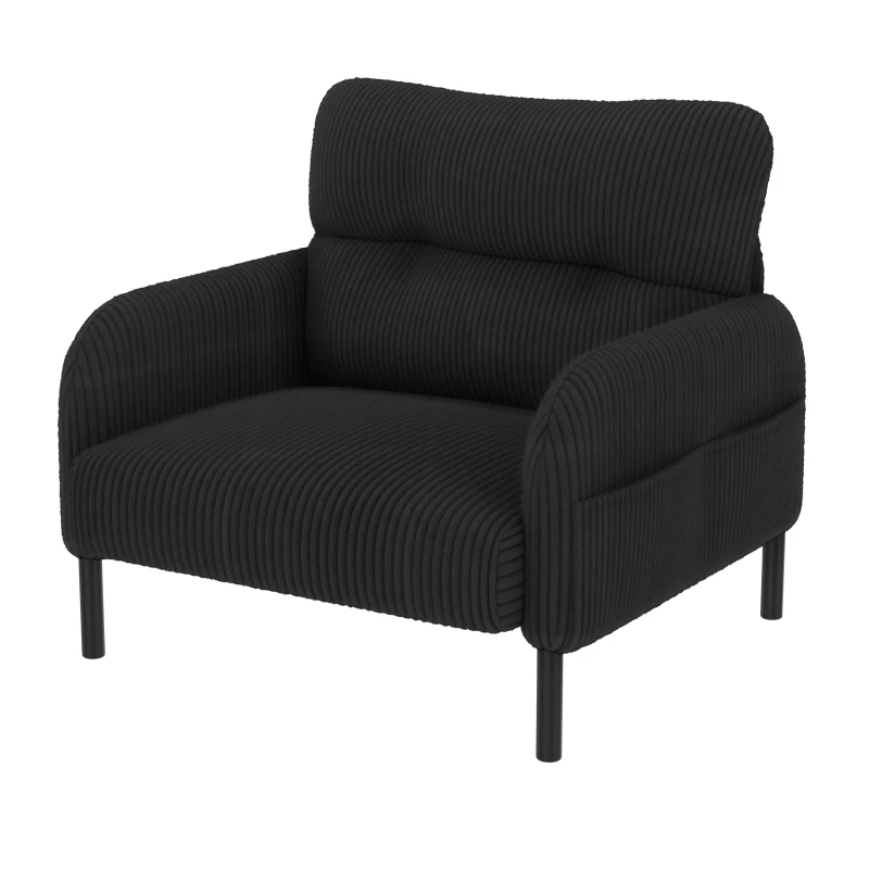 Corduroy Single-Seater Armchair with High-Density Foam Cushion, Ergonomic Wide Seat with Double Side Storage Pockets, 67L x 75W x 79H cm, Black