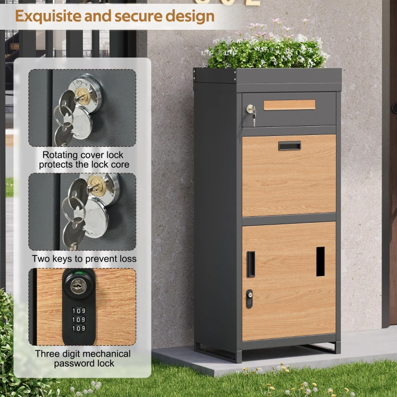 Parcel Mailbox with Integrated Planter and Letter Storage, Anti-Theft Parcel Delivery Box with Viewing Window, 50L x 37W x 118.5H cm, Grey+Wood