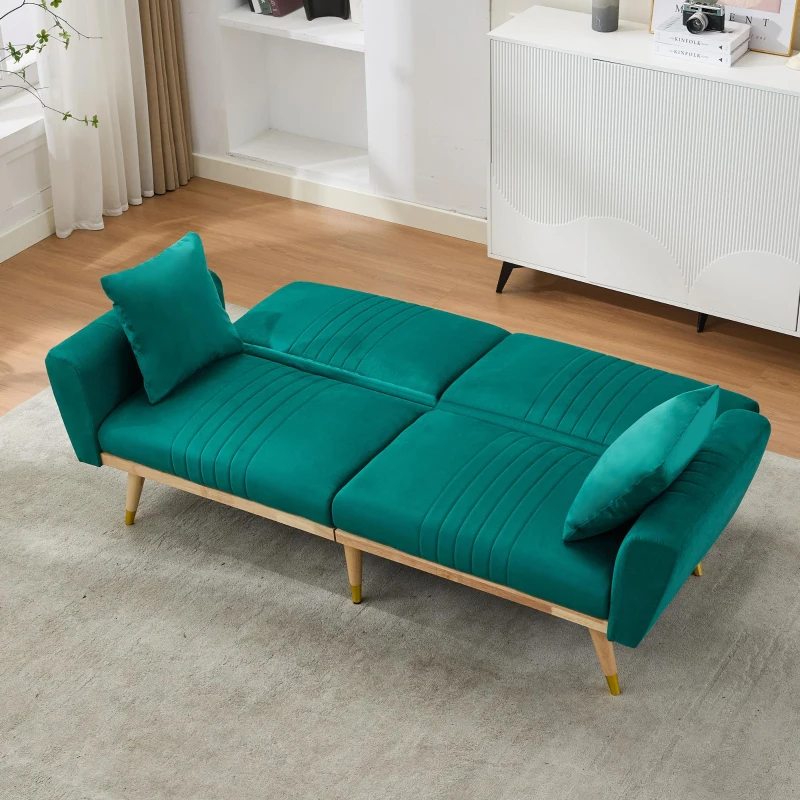 Convertible Futon Sofa Bed with 3-Position Adjustable Backrest, Modern Fleece Loveseat with Solid Wood Legs, 197.5L x 86W x 60H cm, Green