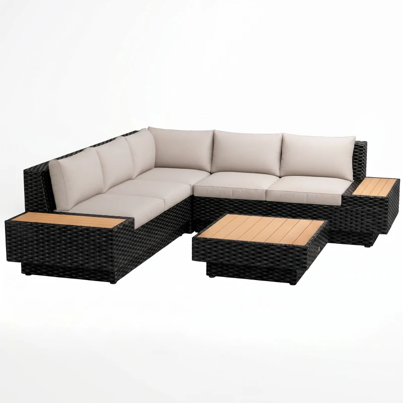 Outsunny 4 PCs Rattan Garden Furniture - Outdoor Sectional Corner Sofa and Coffee Table Set, Conservatory Wicker Weave Furniture with Armrest and Cushions, Black