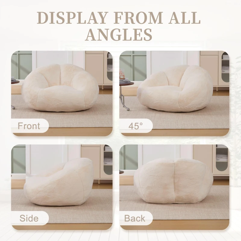 Shell-Shaped Bean Bag Chair with High-Rebound Memory Foam Filling, Ergonomic Floor Lounger with Faux Fur Removable Cover, 100L x 90W x 57H cm, Beige