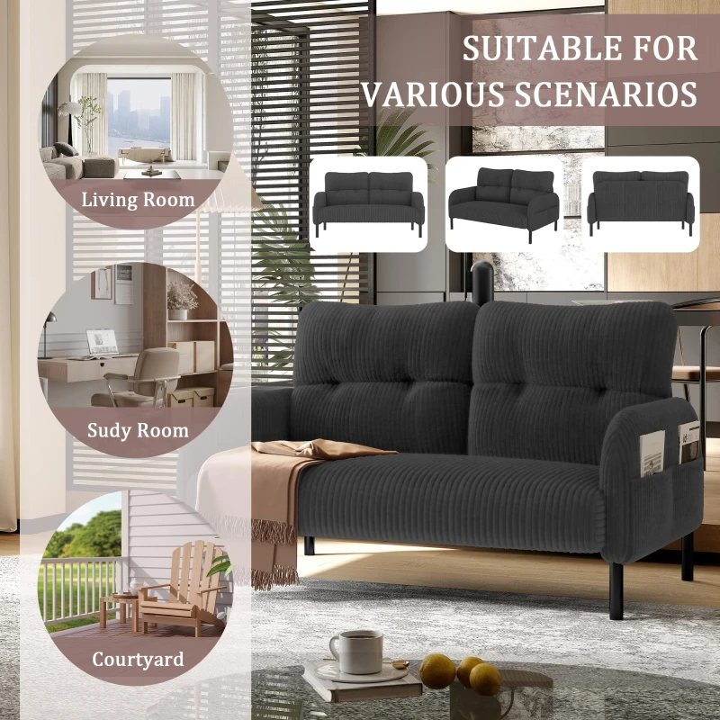 Modern Two-Seater Corduroy Sofa with High-Rebound Springs, Comfortable Loveseat with Side Storage Pockets, 120L x 65W x 79H cm, Gray