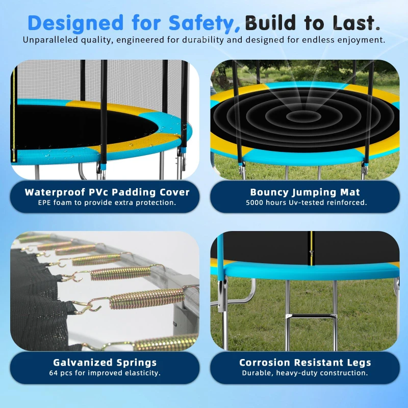 Outdoor Trampoline with Basketball Hoop and Safety Net, Heavy Duty Rebounder with Weatherproof Steel Frame, 366L x 366W x 76H cm, Blue