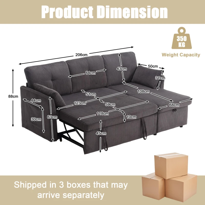 Stylish Sectional Sleeper Sofa with Reversible Storage Chaise, 3-In-1 L-Shaped Sofa with Corduroy Upholstery, 206L x 130W x 88H cm, Charcoal Grey