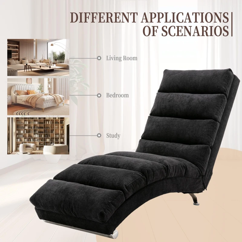 Fabric Relaxation Chaise Longue with Gentle Vibration, Contoured Ergonomic Floor Lounger with Side Pocket, 148L x 55W x 87H cm, Black