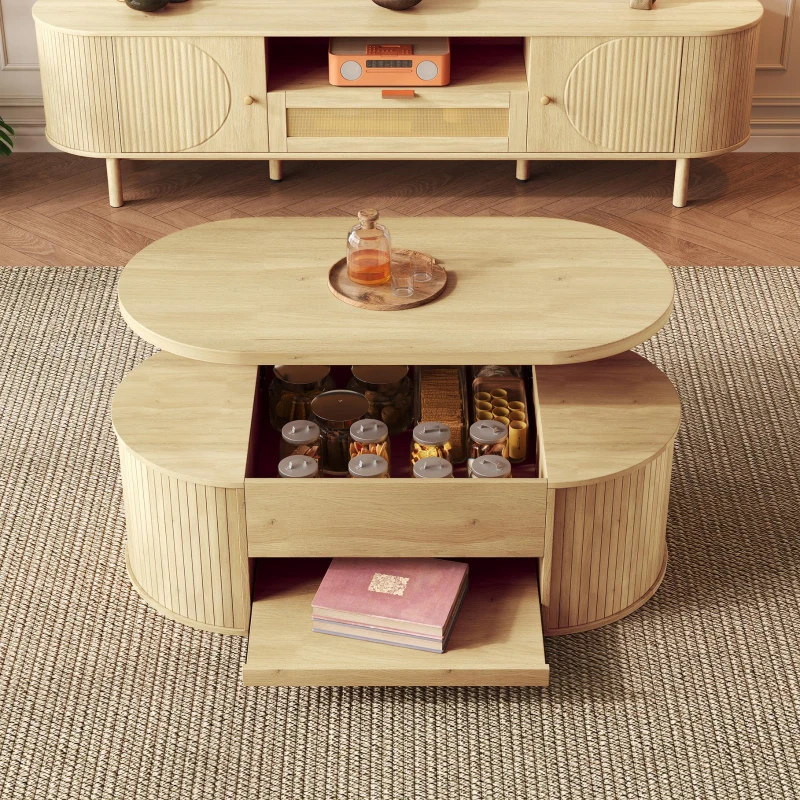 Lift-Top Coffee Table with Height-Adjustable Lift-Up Tabletop, Modern Center Table with Extendable Lower Shelf, 110L x 55.5W x 40H cm, Wood