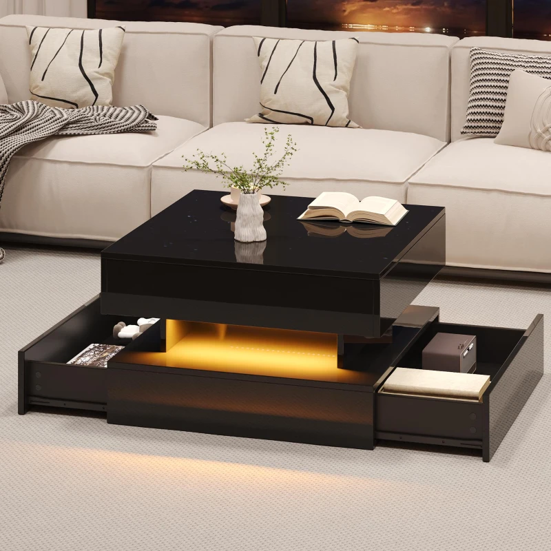 Lift-Up Coffee Table with App-Controlled LED Light Strip and Hidden Storage, Stylish Center Table with 2 Drawers, 65L x 65W x 38.5H cm, Black