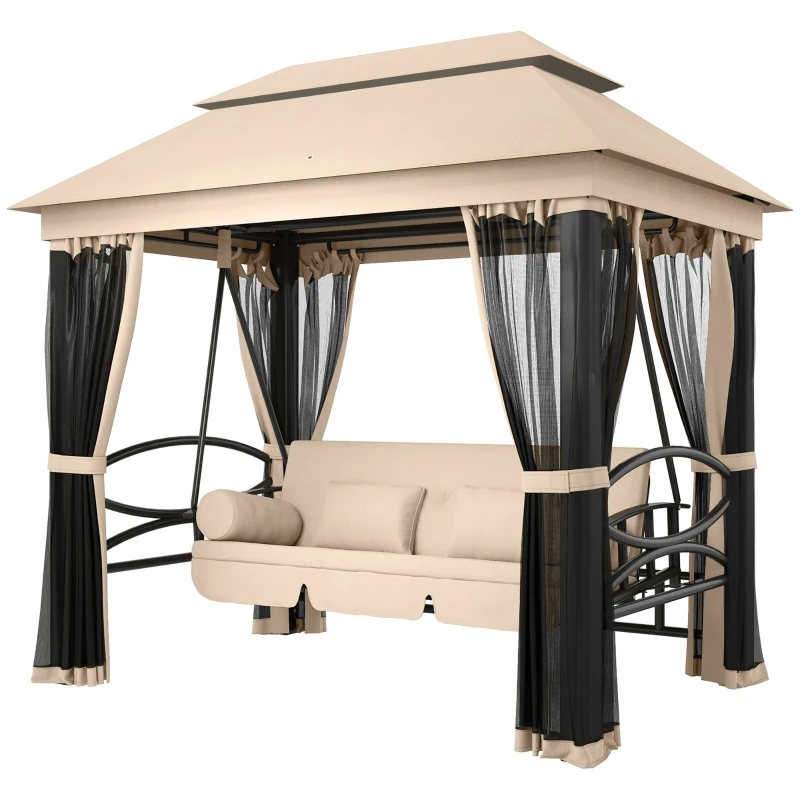 Outsunny Balancelle de Jardin 3 Places Convertible Style Colonial Grand Confort 5 Coussins + Matelas + moustiquaires Inclus 2,56L x 1,72l x 2,48H m Marron Clair