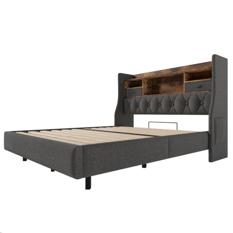 Upholstered Double Floating Bed with LED Mood Lighting, Low-Profile Floating Bed Frame with Storage Headboard, 202L x 142W x 114H cm, Grey