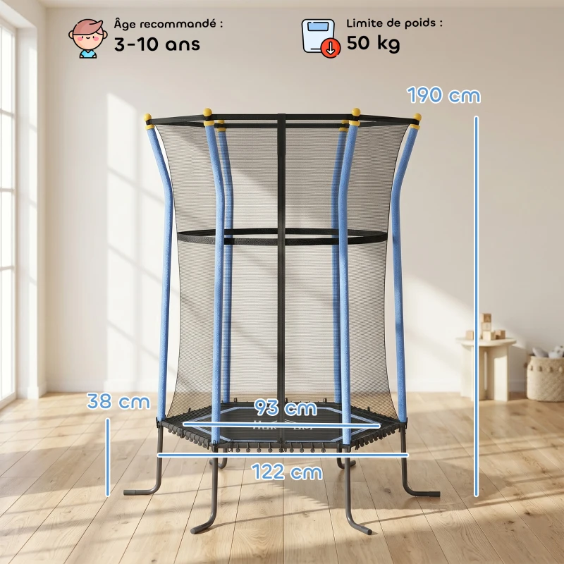 HOMCOM Trampoline pour enfant Ø 1,63 x 1,9 m filet de sécurité porte zippée 6 poteaux rembourrés inclus bleu noir