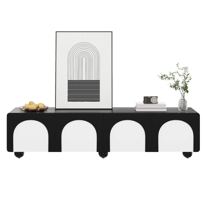 Móvel TV com 2 gavetas e 2 portas, pés redondos ,180X38X45 cm, Preto+Branco