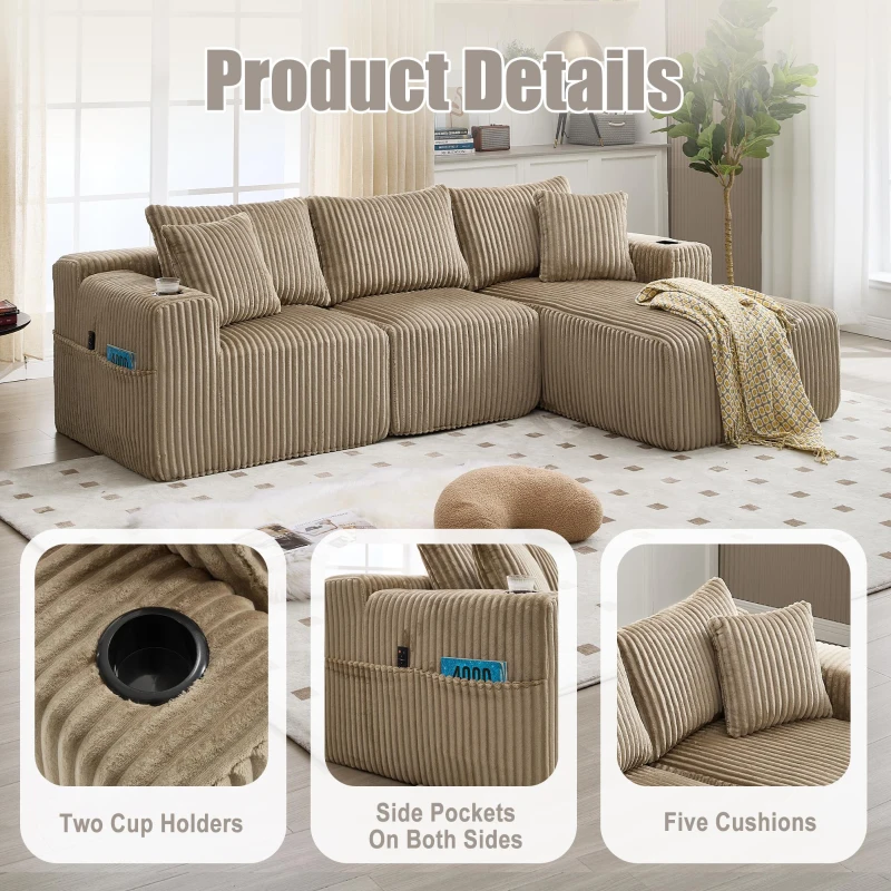 Modular L-Shaped Sectional Sofa with Deep Seat, Plush Corduroy Boneless Couch for Living Room, 257L x 160W x 80H cm, Khaki