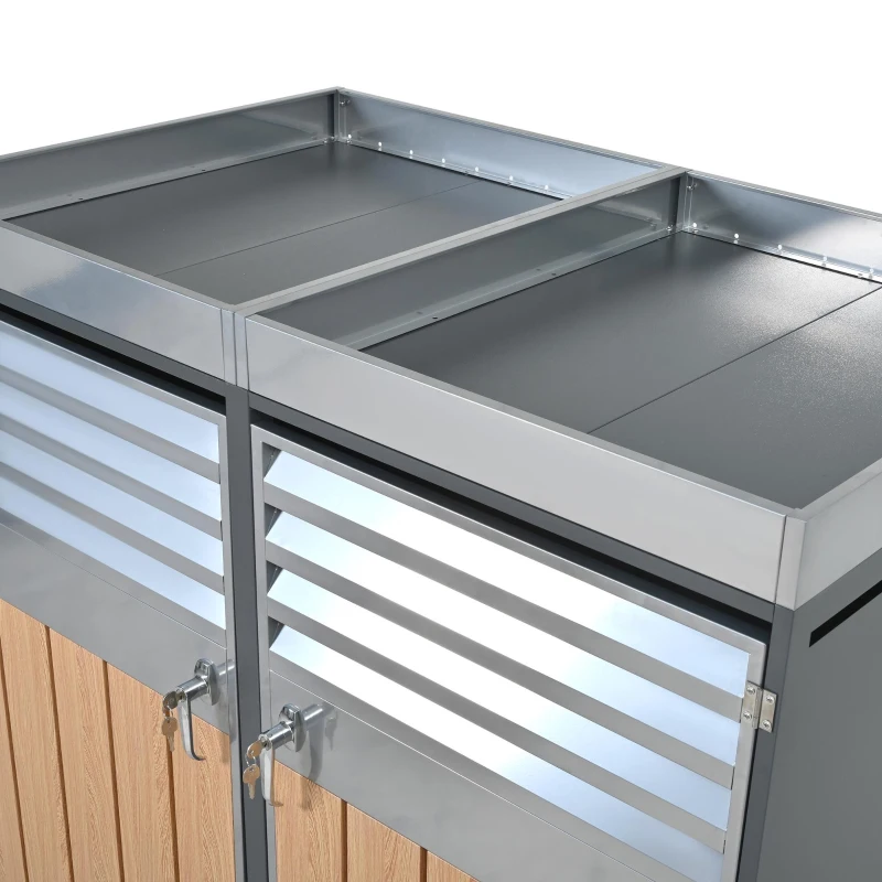 Bin Storage Unit with Built-In Planter and Louvred Ventilation, Double Bin Storage Shed with Galvanised Steel Frame, 132L x 80W x 124.5H cm, Grey+Wood