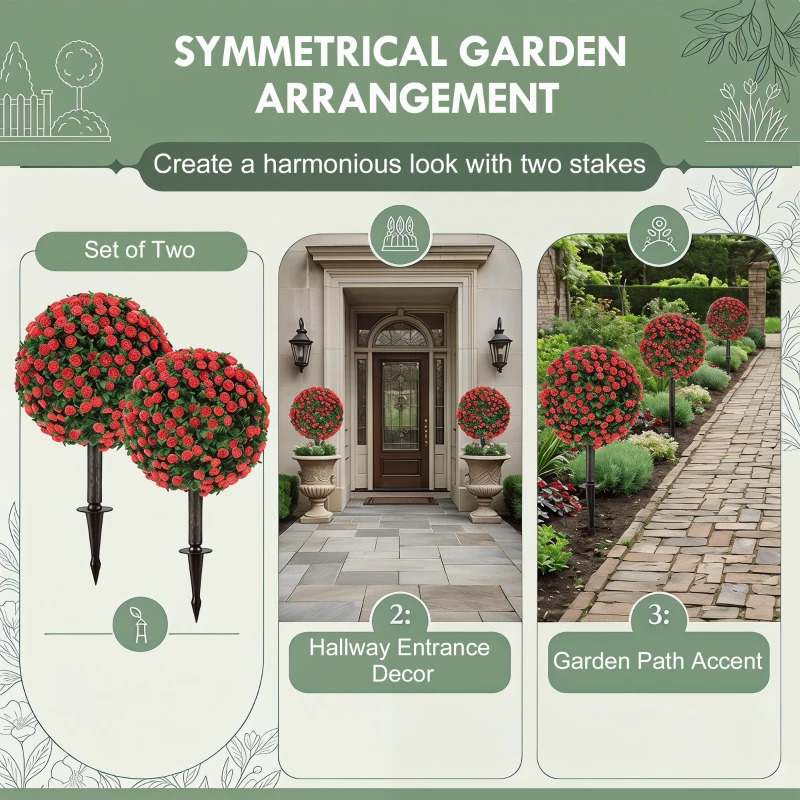 HOMCOM Artificial Rose Topiary UV Resistant, 2-Pack Fake Plants, 55 cm, Red