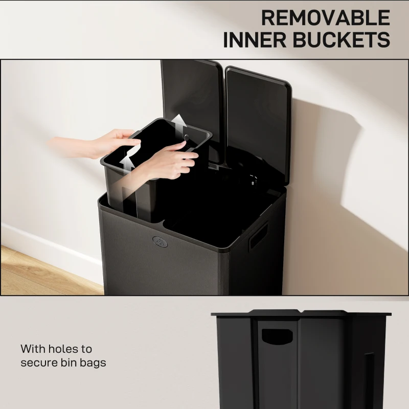 HOMCOM 56L Dual Compartment Stainless Steel Bin, with Deodoriser Holders - Black