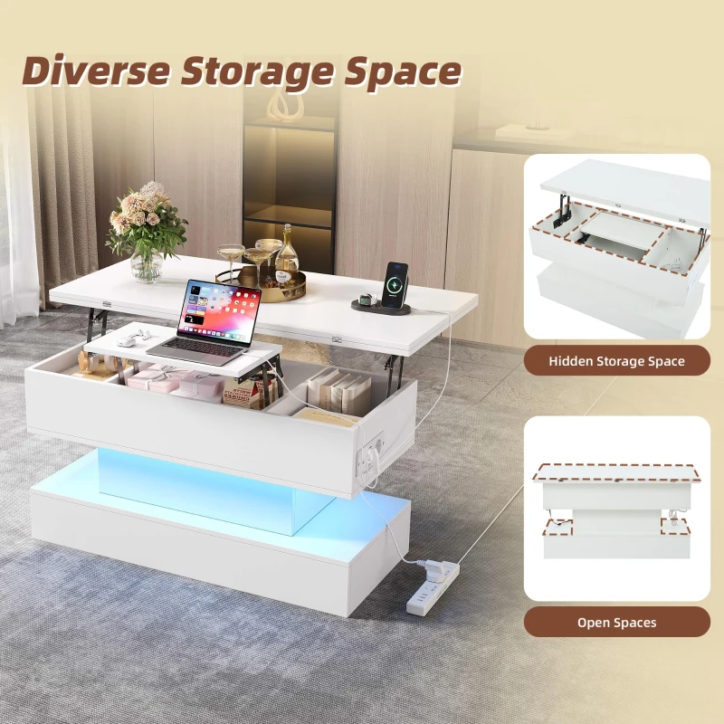 Multifunctional White Coffee Table with Integral Power Outlet, Modern Center Table with App-Controlled LED Light, 100L x 50W x 51.5H cm, White