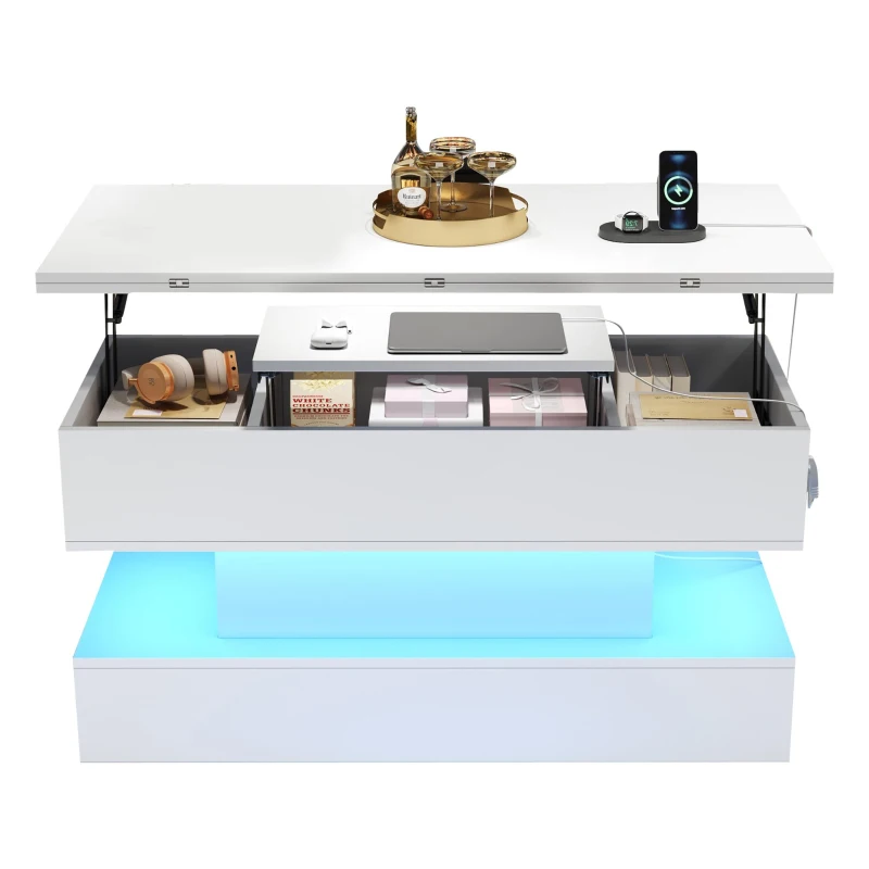 Multifunctional White Coffee Table with Integral Power Outlet, Modern Center Table with App-Controlled LED Light, 100L x 50W x 51.5H cm, White