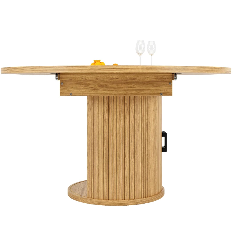 Extendable Round Dining Table with Hidden Leaf Storage, Extension Kitchen Table with Realistic Wood-Grain Finish, 118L x 118W x 76H cm, Natural