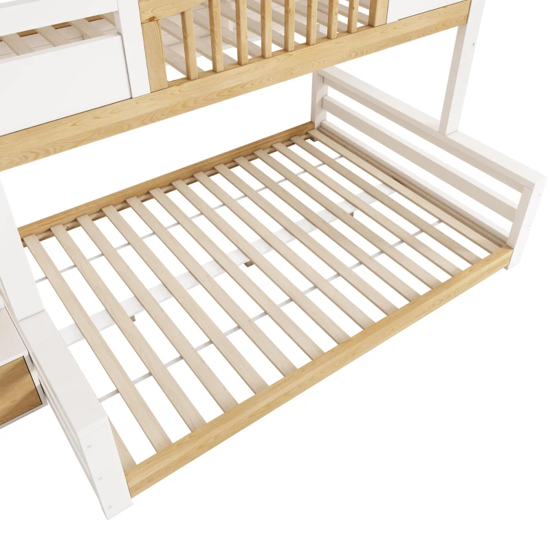 House-Shaped Bunk Bed with Staircase Storage, Space-Saving Kids Bed with Integrated Shelves, 244L x 140W x 206H cm, White+Natural