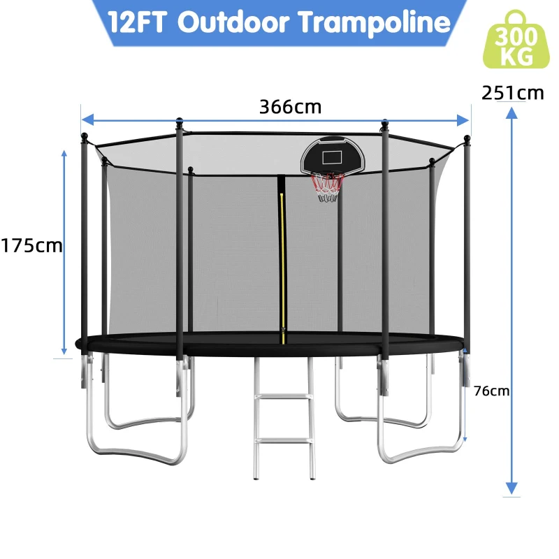 Outdoor Trampoline with Basketball Hoop and Safety Net, Heavy Duty Rebounder with Weatherproof Steel Frame, 366L x 366W x 76H cm, Black