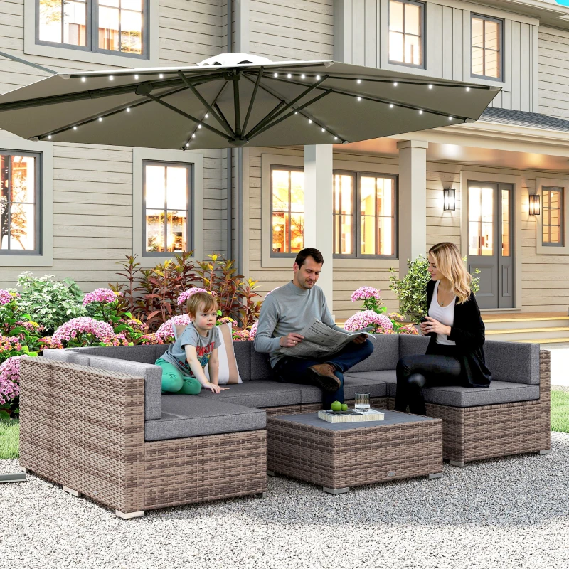 Outsunny Salotto da Giardino in Rattan da 7 Pezzi con Tavolino e Divano Modulabile con Cuscini, Grigio