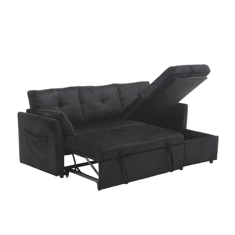 Stylish Sectional Sleeper Sofa with Reversible Storage Chaise, 3-In-1 L-Shaped Sofa with Corduroy Upholstery, 206L x 130W x 88H cm, Black