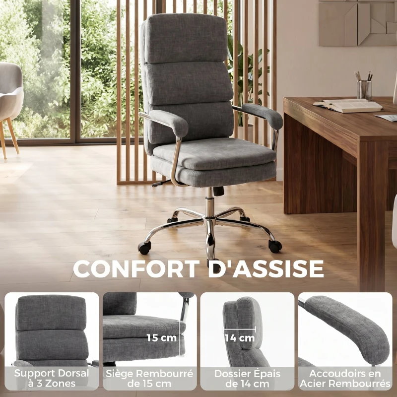 HOMCOM Chaise bureau ergonomique en chenille, fauteuil de bureau avec accoudoirs rembourrés, hauteur réglable, gris