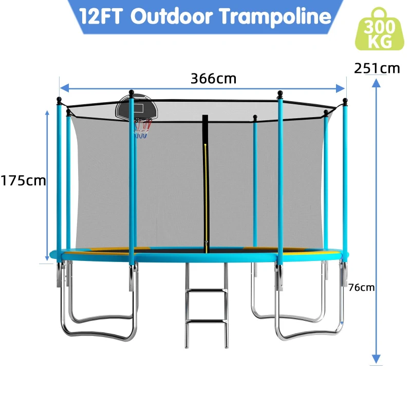 Outdoor Trampoline with Basketball Hoop and Safety Net, Heavy Duty Rebounder with Weatherproof Steel Frame, 366L x 366W x 76H cm, Blue+Orange