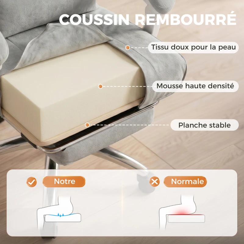 HOMCOM Chaise bureau ergonomique, fauteuil de bureau inclinable en velours avec support lombaire, hauteur réglable, gris clair