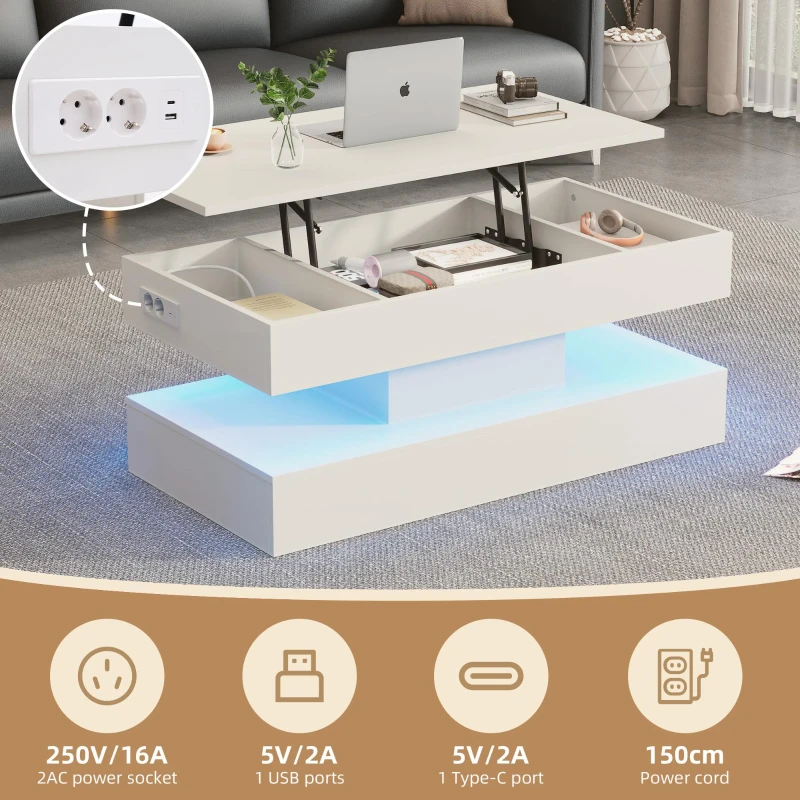 Modern Coffee Table with Bluetooth-Controlled LED Lighting, Lift-Up Center Table with Hidden Storage and Hydraulic Lift, 100L x 50W x 42H cm, White