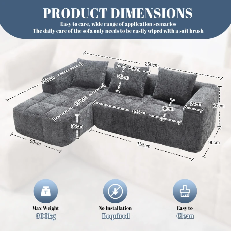 Oversized Modular L-Shaped Sofa with Deep-Seated Sleeper Design, Plush Sectional Sofa with Hidden Side Pockets, 250L x 158W x 60H cm, Grayi