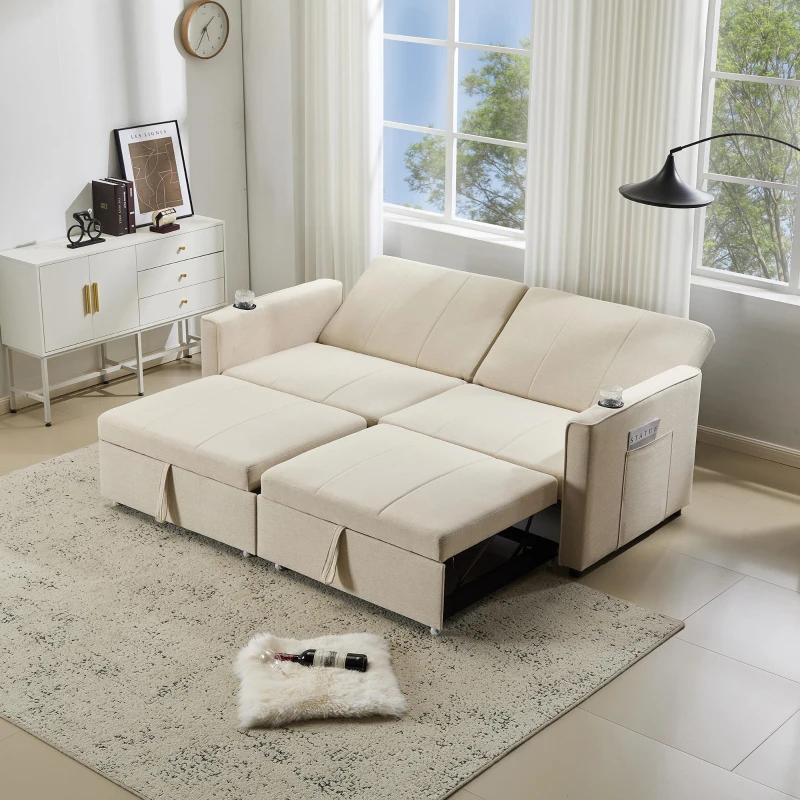 King-Size Pull-Out Sofa Bed with 3-in-1 Convertible 2-Seater, Independent Convertible Couch with Iron and Solid Wood Frame, 207L x 87W x 96H cm, Beige