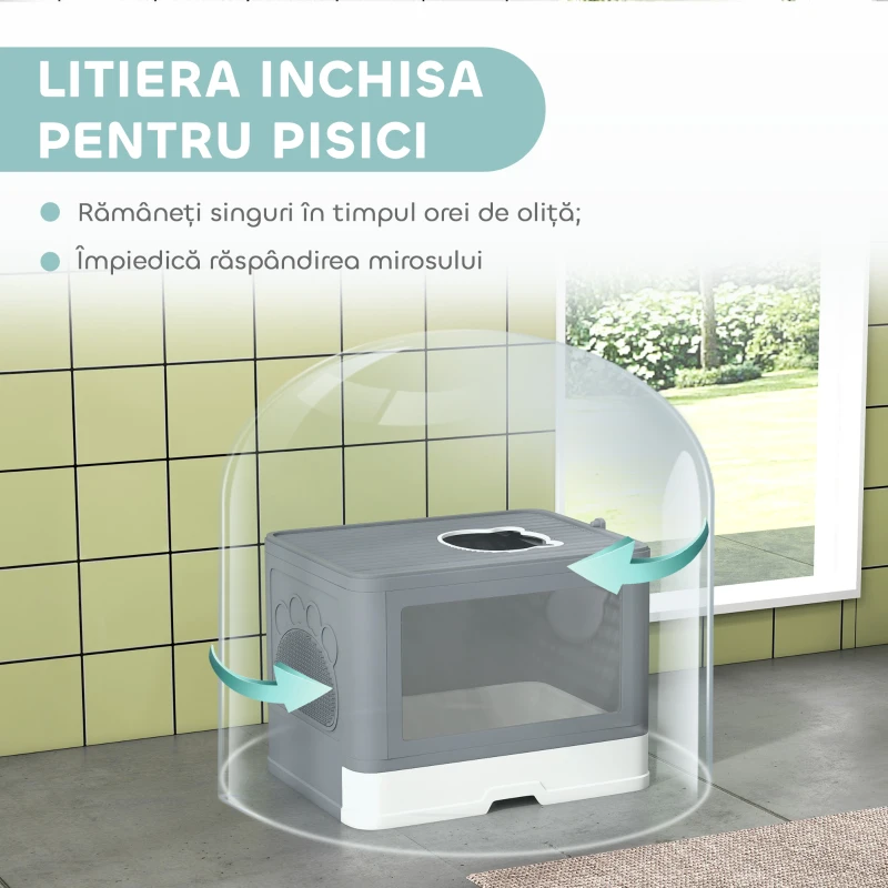PawHut Litieră pentru Pisici Închisă cu Capac și Dublă Intrare, Sertar Glisant, Lopățică și Perie, Gri