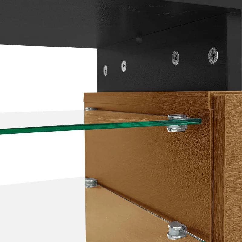 Modern TV Cabinet with Triple-Layer Glass Shelves, Low-Profile TV Stand with Smart Storage, 170L x 33W x 33.5H cm, Black+Natural+Wood