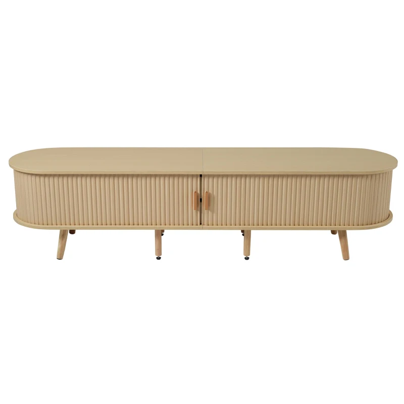 Minimalist TV Stand with Oval Top and Rounded Corners, Light Oak TV Cabinet with Solid Wood Legs, 175L x 40W x 40H cm, Oak