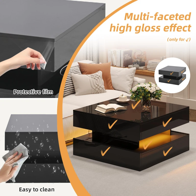 Lift-Up Coffee Table with App-Controlled LED Light Strip and Hidden Storage, Stylish Center Table with 2 Drawers, 65L x 65W x 38.5H cm, Black
