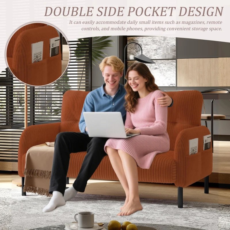 Modern Two-Seater Corduroy Sofa with High-Rebound Springs, Comfortable Loveseat with Side Storage Pockets, 120L x 65W x 79H cm, Orange