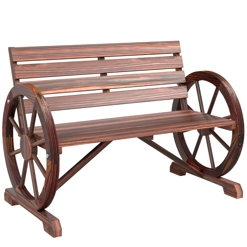 Outsunny Gartenbank 2-Sitzer Sitzbank Holzbank Wagenrad mit Armlehne Landhausstil Tannenholz Braun 105,5 x 59 x 75 cm