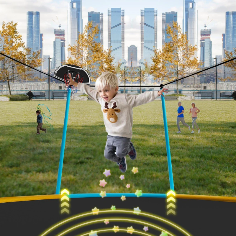 Outdoor Trampoline with Basketball Hoop and Safety Net, Heavy Duty Rebounder with Weatherproof Steel Frame, 366L x 366W x 76H cm, Blue+Orange