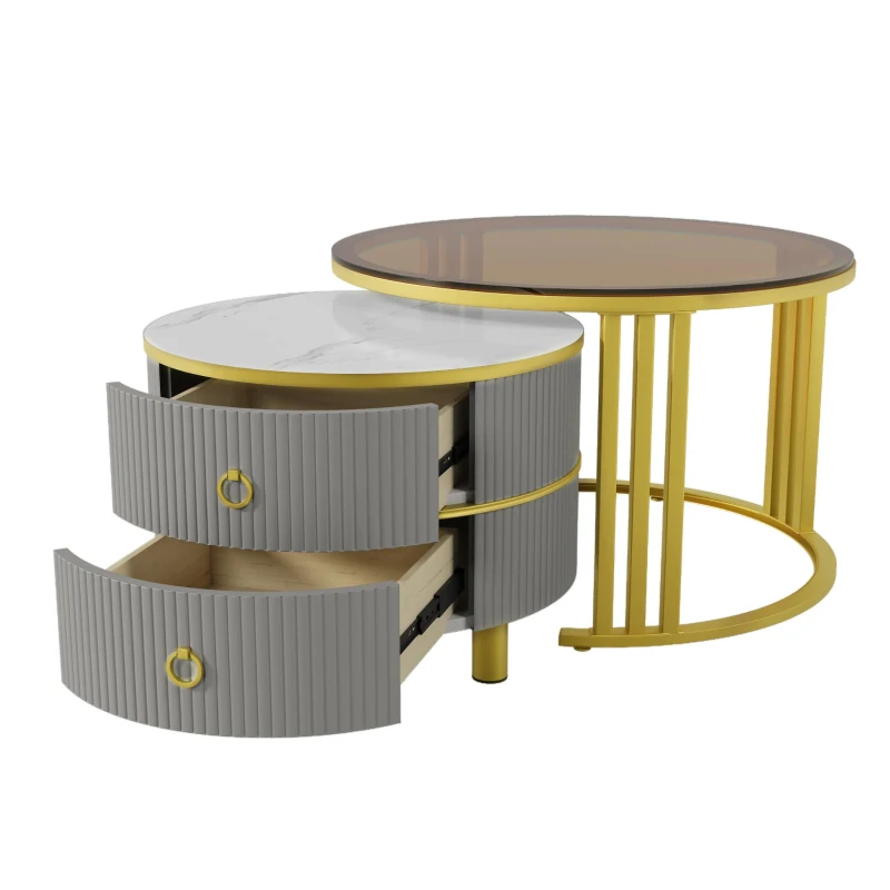 2-In-1 Round Coffee Table Set with High-Gloss Top and Tempered Glass, Space-Saving Center Table Set with 2 Drawers, 70L x 70W x 45H cm, Grey+Brown