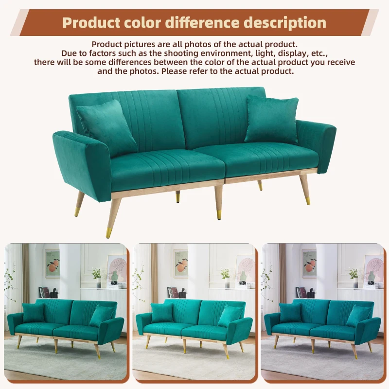 Convertible Futon Sofa Bed with 3-Position Adjustable Backrest, Modern Fleece Loveseat with Solid Wood Legs, 197.5L x 86W x 60H cm, Green